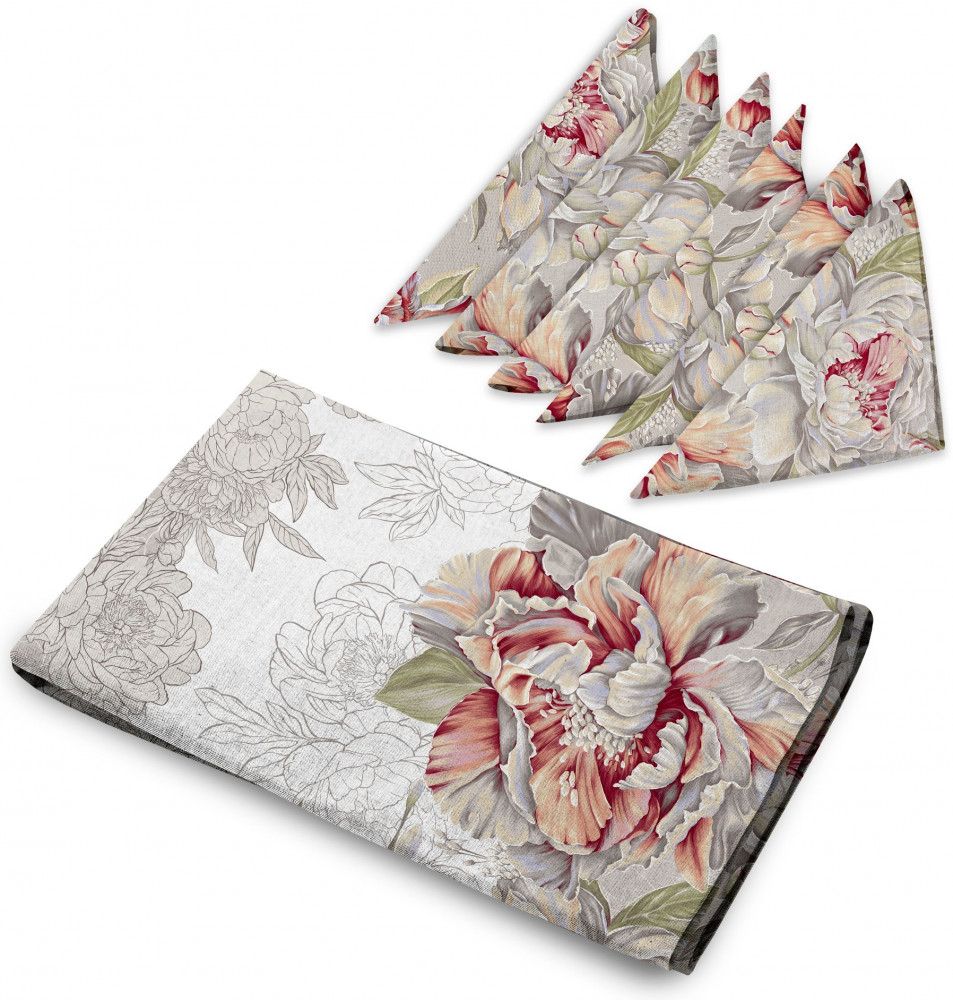 Комплект кухонный «Душистый пион» (скатерть рогожка 145х220, 6 салфеток 32х32) | Душистый пион | Романтика