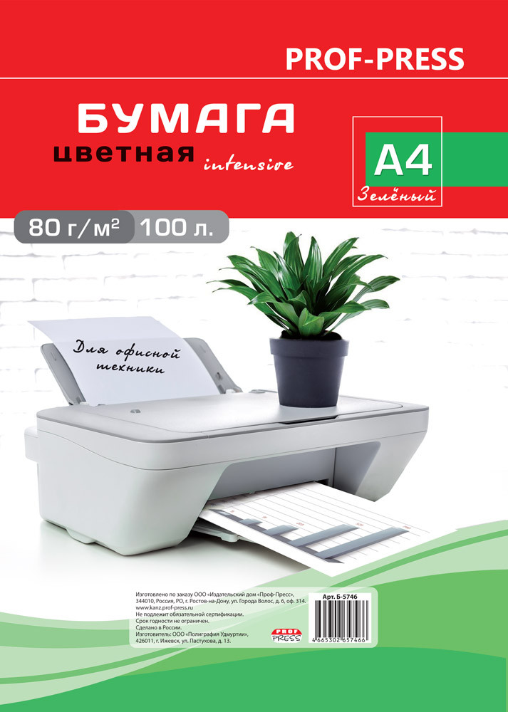 Бумага цветная «INTENSIVE» зеленый, А4 100л. 80г/м2 | Проф-Пресс