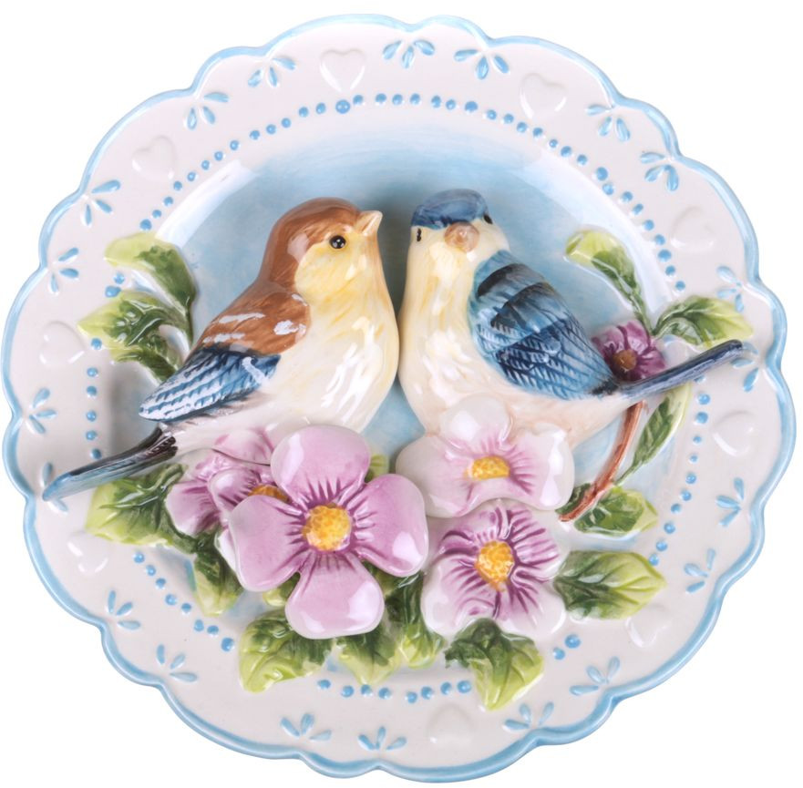 Тарелка настенная декоративная «Птицы на шиповнике», 20 см | Ручная роспись | Lefard