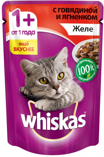 Корм для кошек желе с говядиной и ягненком «Whiskas» (3+1, 85 г)