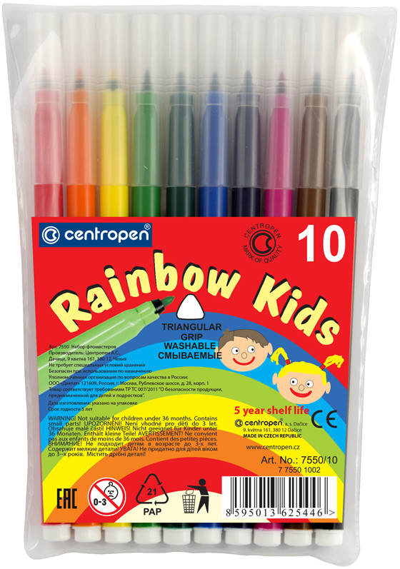 Фломастеры трехгранные (смываемые, 10 цветов) | Rainbow Kids | Centropen
