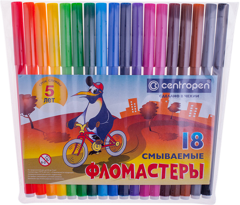 Фломастеры (смываемые, 18 цветов) | Пингвины | Centropen