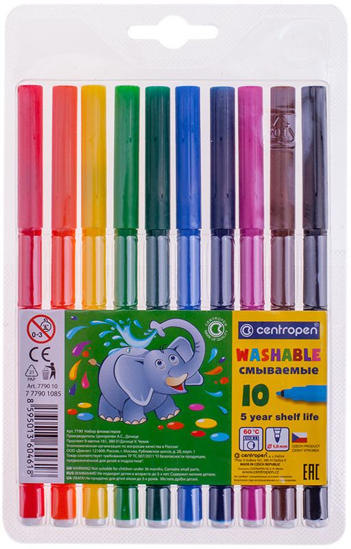 Фломастеры (смываемые, 10 цветов) | Слонята | Centropen