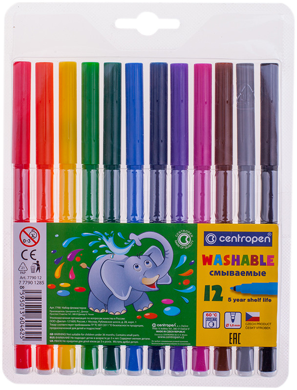 Фломастеры (смываемые, 12 цветов) | Слонята | Centropen