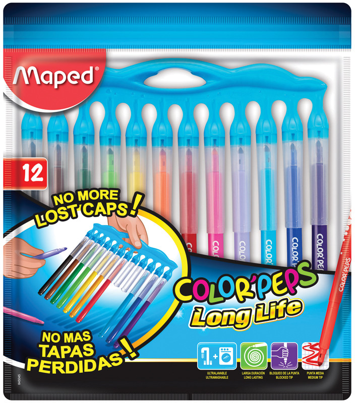Фломастеры с нетеряющимися колпачками «Color Pep's Long Life» (смываемые, 12 цветов) | Long Life | Koh-I-Noor