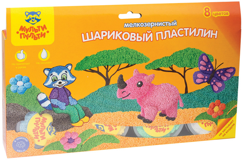 Пластилин шариковый (мелкозернистый, незастывающий, 8 цветов) | Приключения Енота | Мульти-Пульти