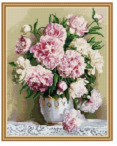 Картина мозаикой с нанесенной рамкой «Розовые пионы» (40×50 см, 37 цветов)
