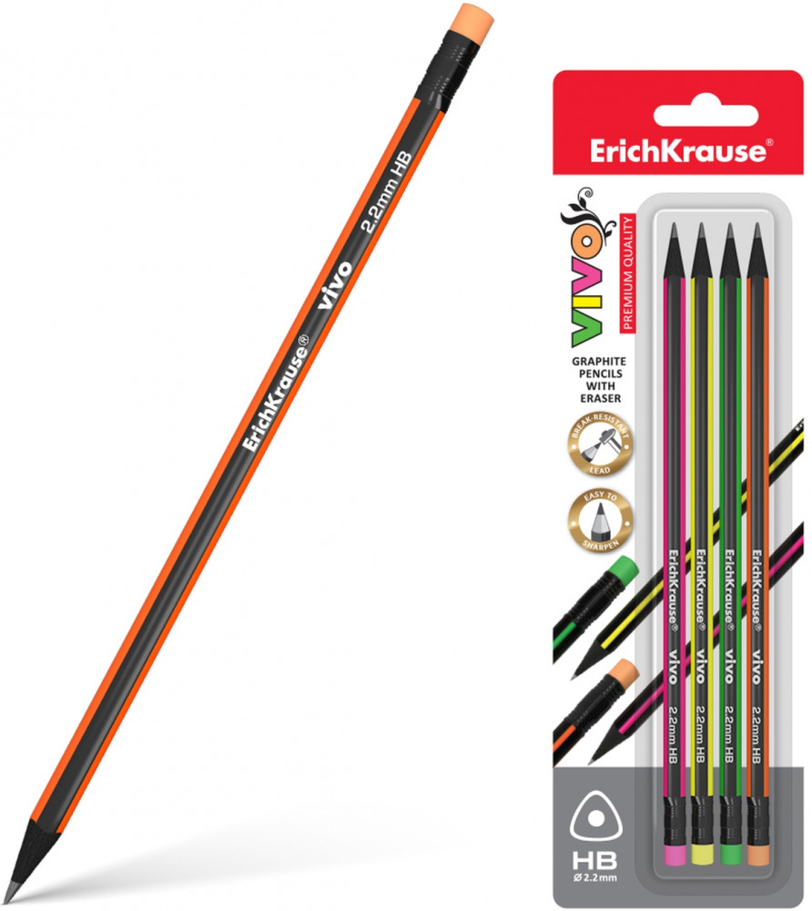 Набор чернографитных карандашей с ластиком «Vivo HB» (4 штуки) | Erich Krause