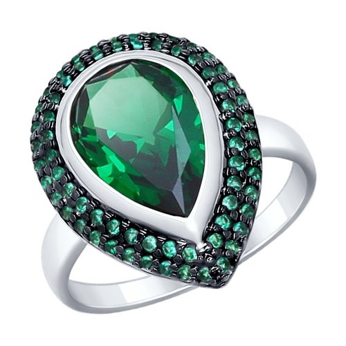 Кольцо из серебра с зелёным ситаллом и фианитами | SOKOLOV