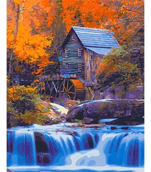 Алмазная мозаика «Домик у горной реки» (без подрамника, с полным заполнением) | Рыжий кот