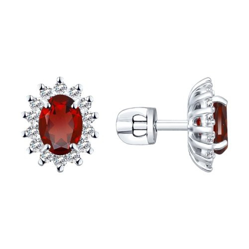 Серьги-пусеты из серебра с гранатами и фианитами | SOKOLOV