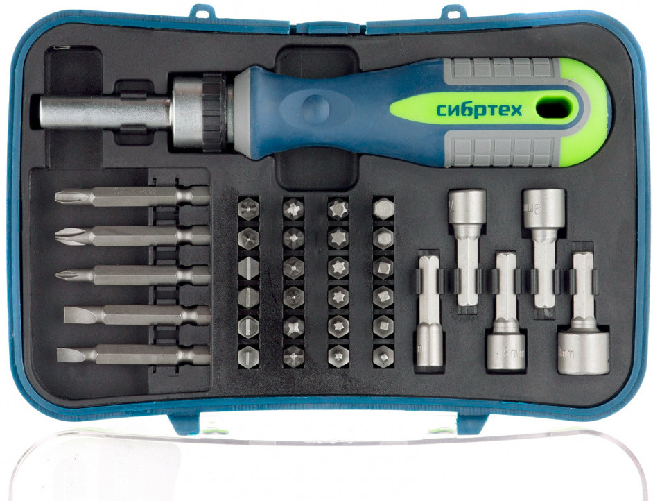 Отвертка реверсивная с набором бит и торцевых головок (35 шт.) | Сибртех