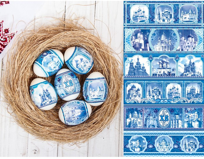 Термоусадочная плёнка «Соборы. Гжель» на 6 яиц | Пасха | ФоксКард