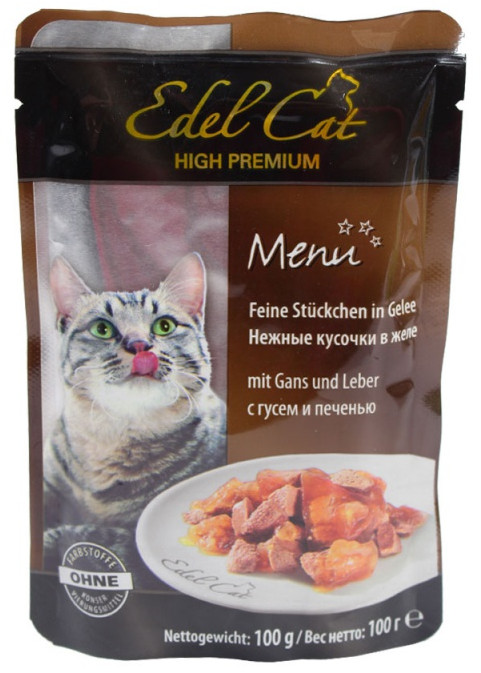Корм для кошек «Кусочки в желе с гусем и печенью» | Edel Cat