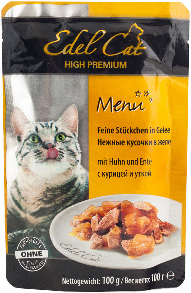 Корм для кошек «Кусочки в желе с курицей и уткой» | Edel Cat