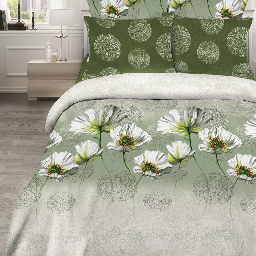 Комплект постельного белья «Белые маки» (арт. 345/1, семейный, поплин, 2 наволочки 70×70) | Золотая | Василиса