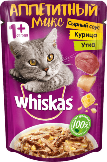 Корм для кошек «Аппетитный микс» с курицей и уткой в сырном соусе «Whiskas» (85 г) | Whiskas