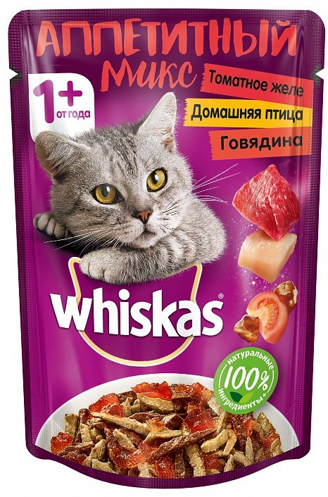 Корм для кошек с говядиной и птицей в томатном желе «Аппетитный микс» | Whiskas