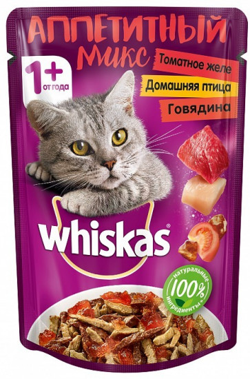 Корм для кошек «Аппетитный микс» с говядиной и птицей в томатном желе (85 г)