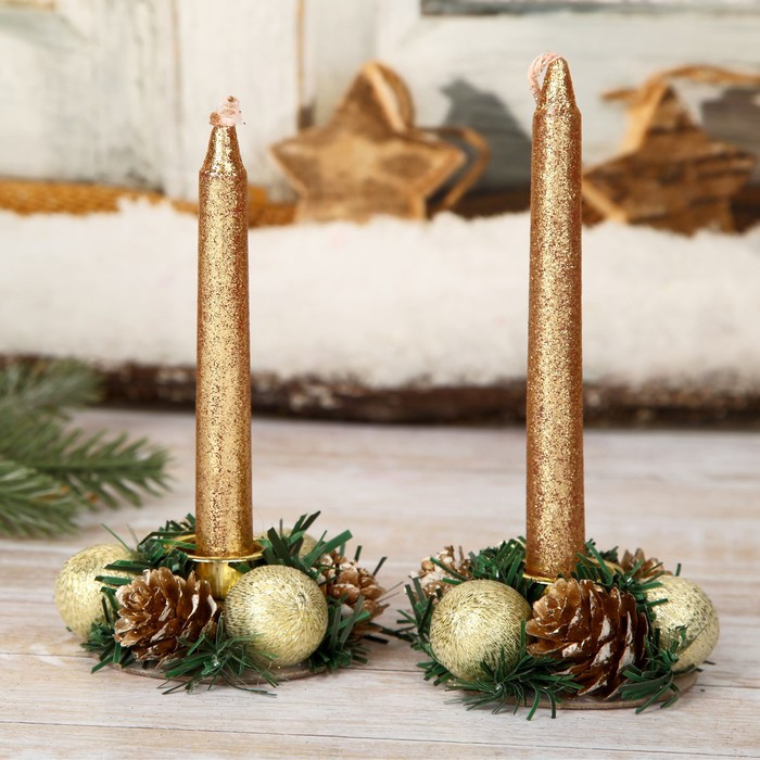 Набор свечей с подсвечником «Шишки и шарики» | Зимнее волшебство