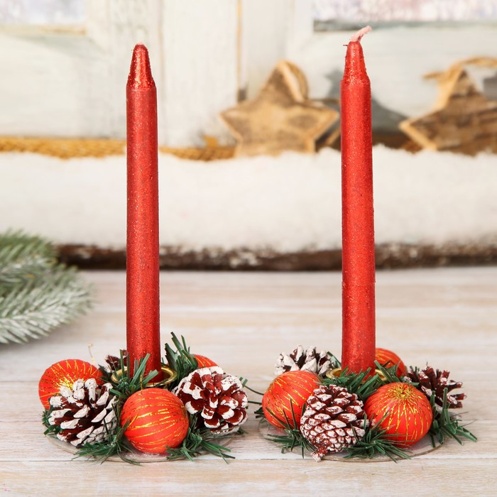 Набор свечей с подсвечником «Красные шары и шишки» | Зимнее волшебство