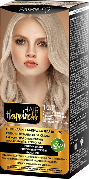 Крем-краска для волос, оттенок 10.21 Очень светлый перламутровый блондин | Hair Happiness | Белита-М