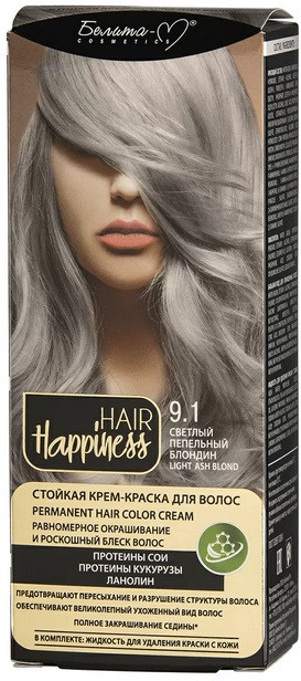Крем-краска для волос, оттенок 9.1 Светлый пепельный блондин | Hair Happiness | Белита-М