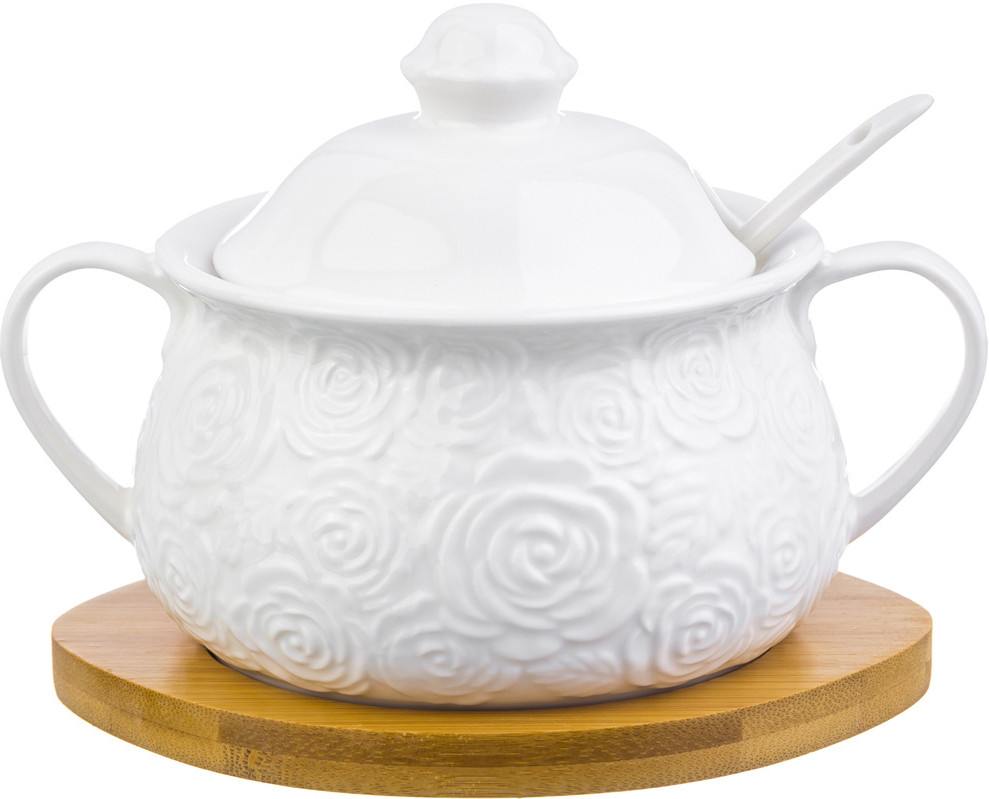 Сахарница с ложкой на деревянной подставке «Розы» | Белые розы | Elan Gallery
