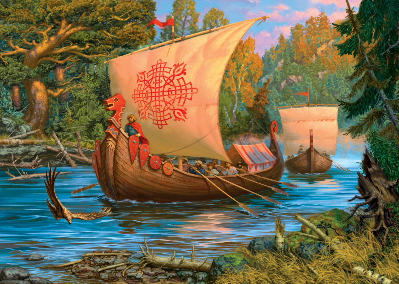 Картина по номерам «Старинные ладьи на реке» | Рыжий кот