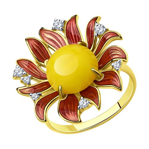 Кольцо из золочёного серебра с эмалью, фианитами и синтетическим янтарем | SOKOLOV