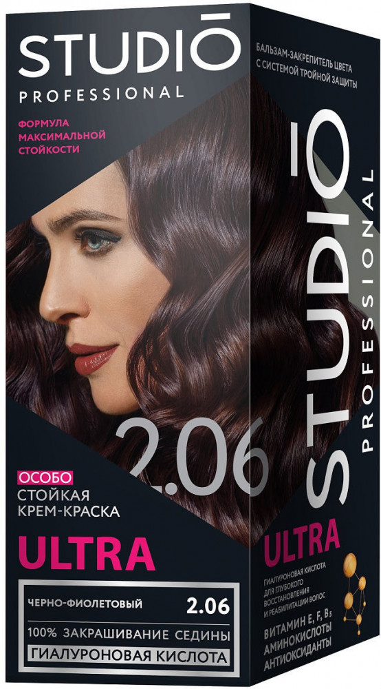 Крем-краска для седых волос, оттенок 2.06 Черно-фиолетовый | Ultra | Studio Professional