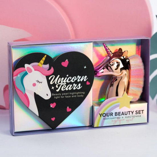 Набор: запечённый хайлайтер и кисть для макияжа «Unicorn Tears»