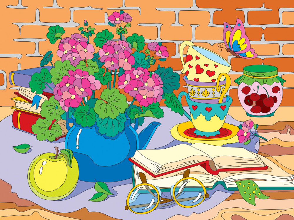 Картина по номерам «Яркий букет и книги» | Рыжий кот