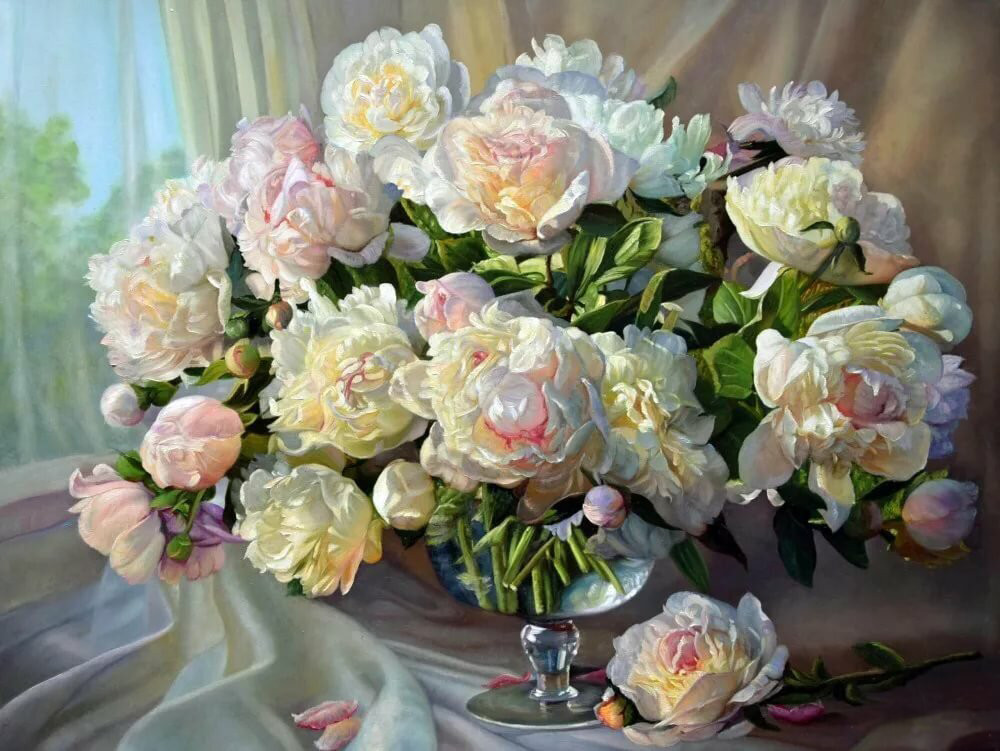 Картина по номерам «Букет белых пионов у окна» | Paintboy