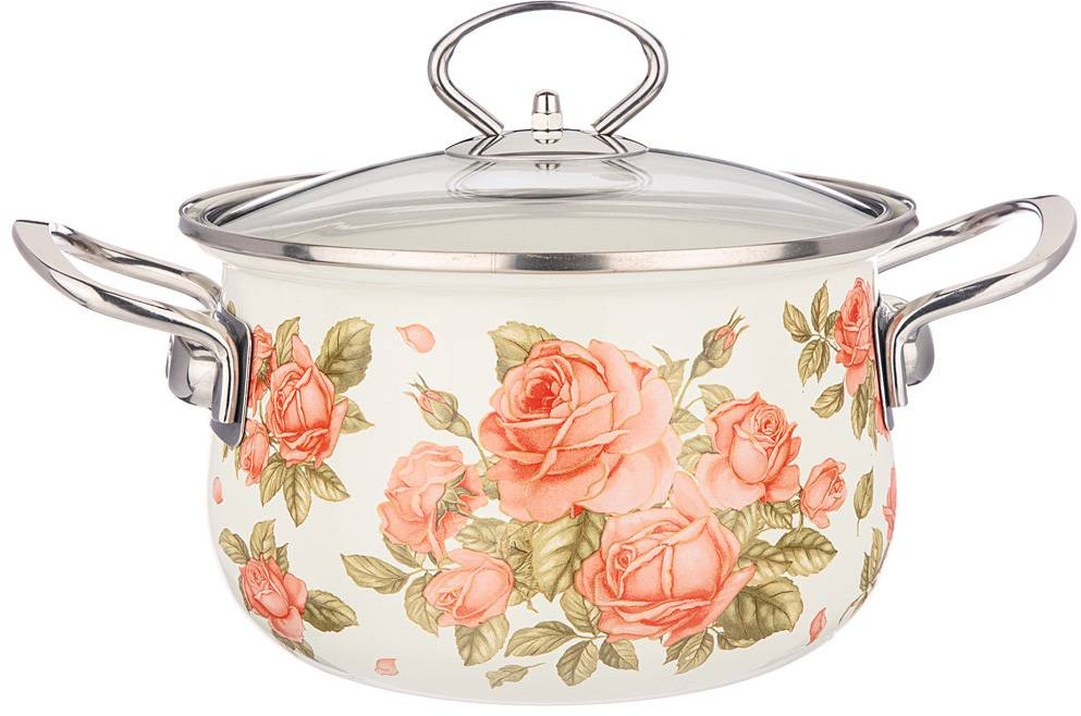 Кастрюля эмалированная со стеклянной крышкой | Корейская роза | Agness