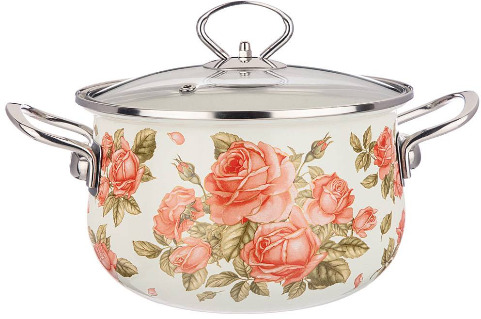 Кастрюля эмалированная со стеклянной крышкой | Корейская роза | Agness