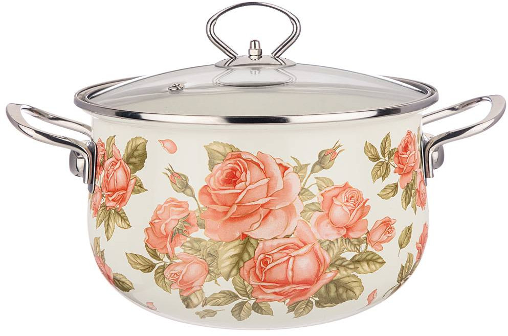 Кастрюля эмалированная со стеклянной крышкой | Корейская роза | Agness
