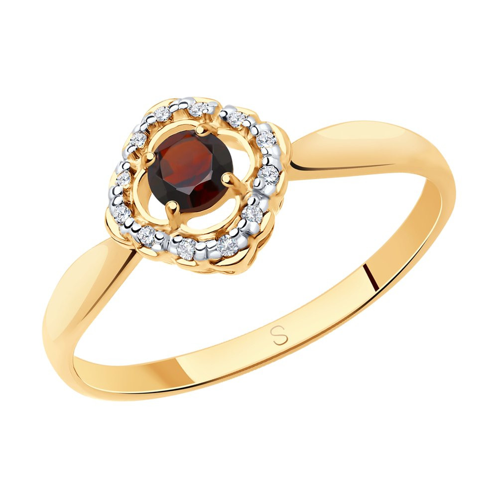 Кольцо из золоченого серебра с гранатом и фианитами | SOKOLOV