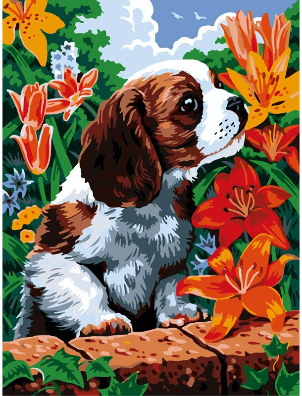 Картина по номерам «Щенок и лилии» | Животные, собачки | Белоснежка
