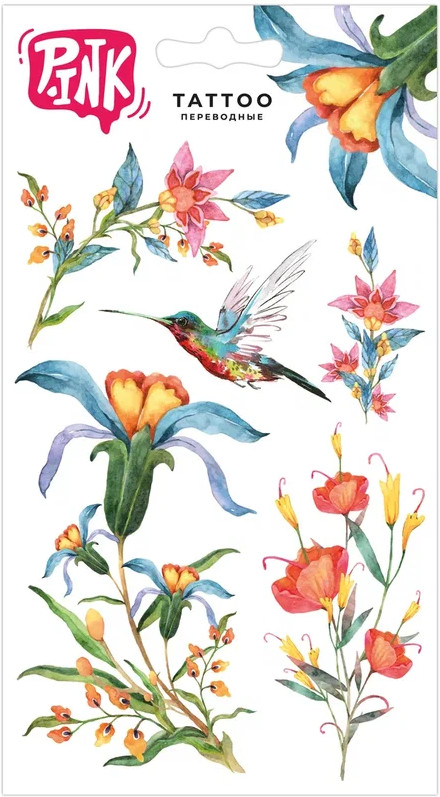Наклейки-тату переводные «Цветы и колибри» | Pink