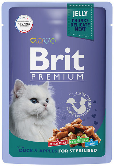 Пауч для взрослых стерилизованных кошек с уткой и яблоками в желе | Premium | Brit