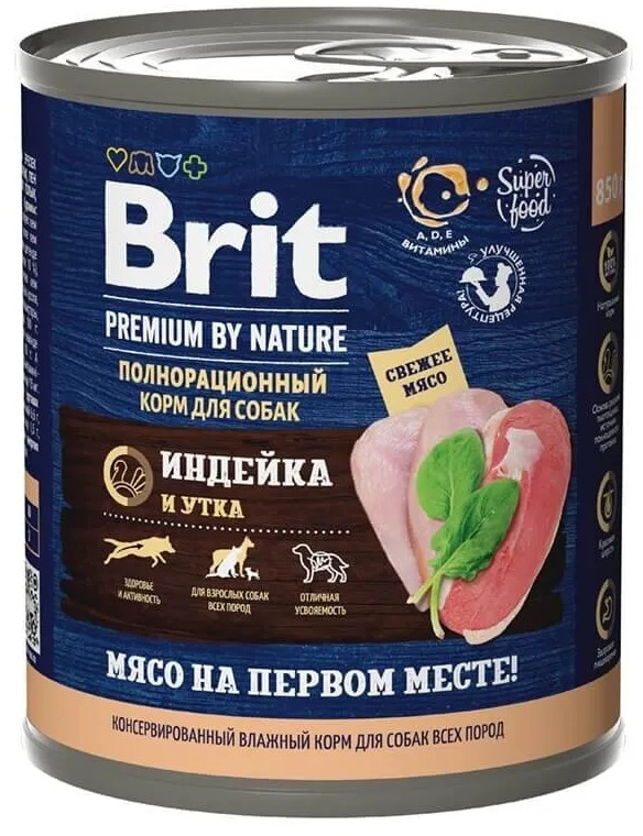 Консервы для взрослых собак всех пород с индейкой и уткой | Premium by Nature | Brit