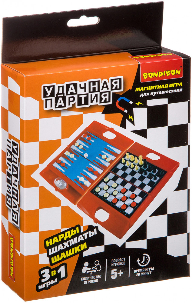 Набор настольных игр 3 в 1 «Шашки, шахматы, нарды» | Удачная партия | Bondibon