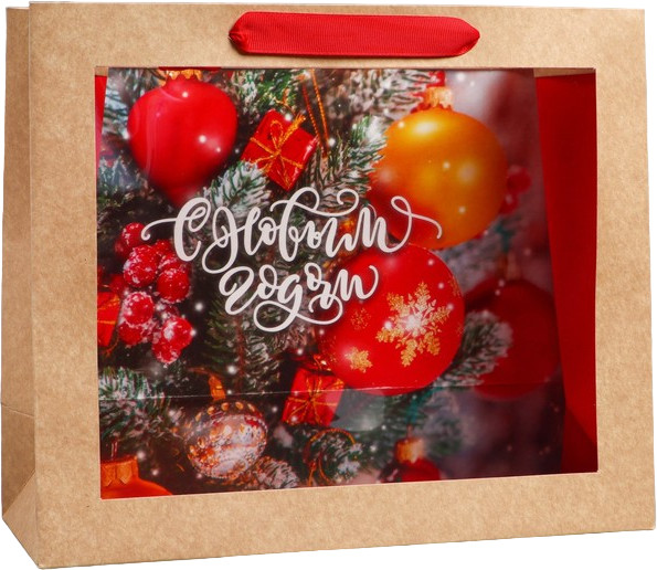 Пакет крафтовый с пластиковым окном «Happiness» | Красная классика | Дарите Счастье