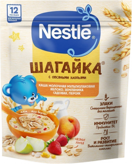 Каша молочная с яблоком, земляникой и персиком