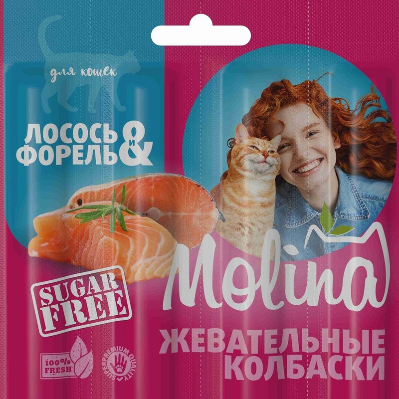 Лакомство для кошек с лососем и форелью «Жевательные колбаски» | Molina