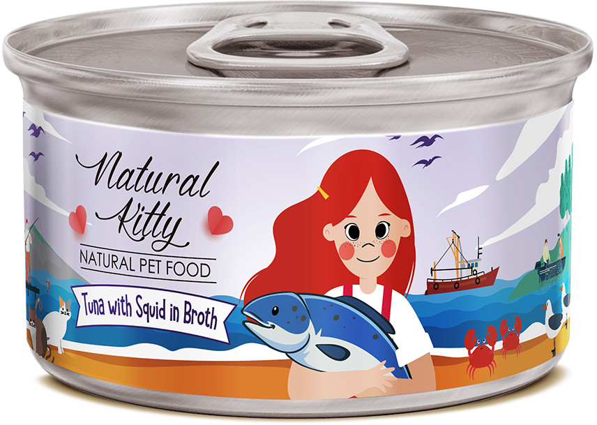 Корм для кошек с тунцом и кальмаром в бульоне | Natural Kitty | Pettric