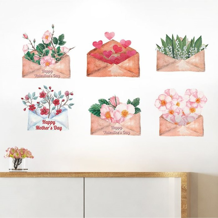 Наклейка интерьерная «Конверты с цветами и сердцами» | 14 Февраля