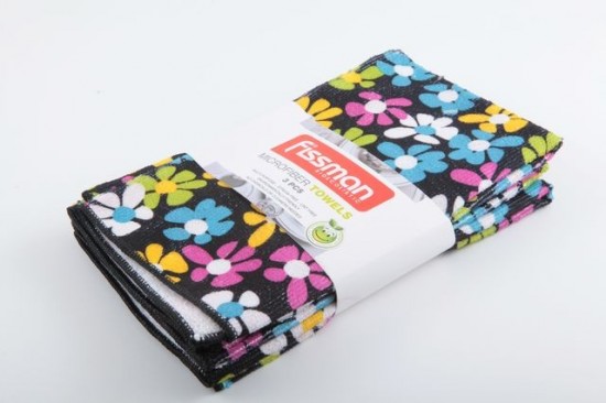 Комплект кухонных полотенец (41х48 - 3 шт.) (черное в цветочек) | Fissman