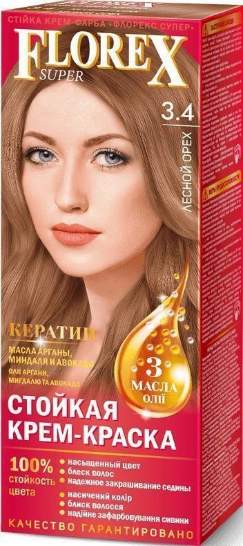 Крем-краска для волос, оттенок 3.4 Лесной орех | Florex